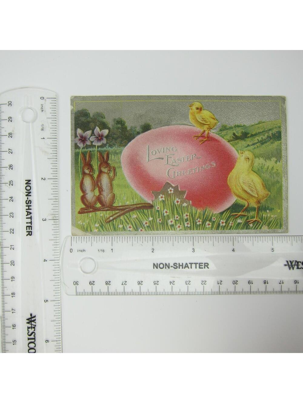 Easter Postcard Rabbits & Yellow Chicks Red Colored Egg Embossed Antique 1911 - Picture 14 of 14